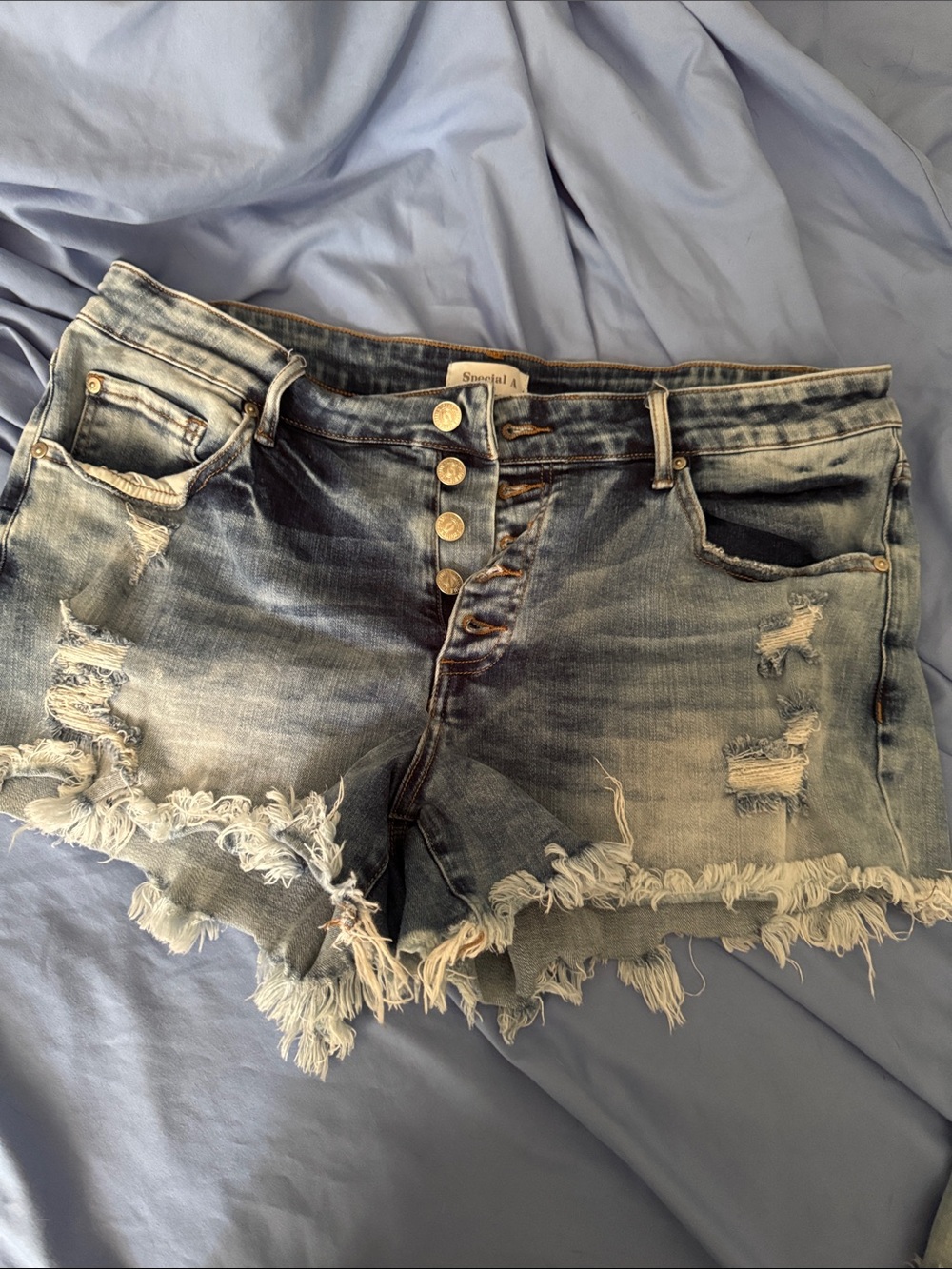 Denim Distressed Midrise Frayed Hem Button flu Shorts - Light Blue